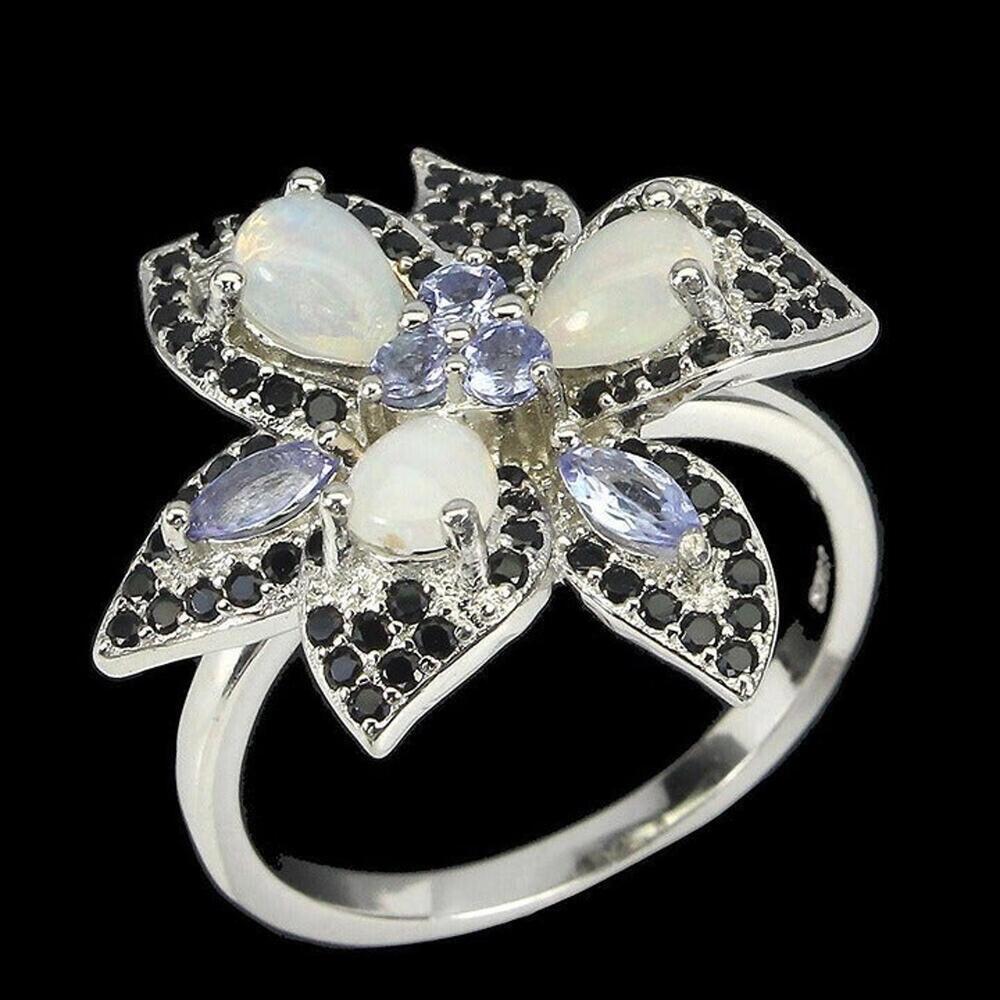 Fire Opal & Black Spinel Tanzanite 925 Sterling Silver Ring Size 9.25 - Picture 3 of 8